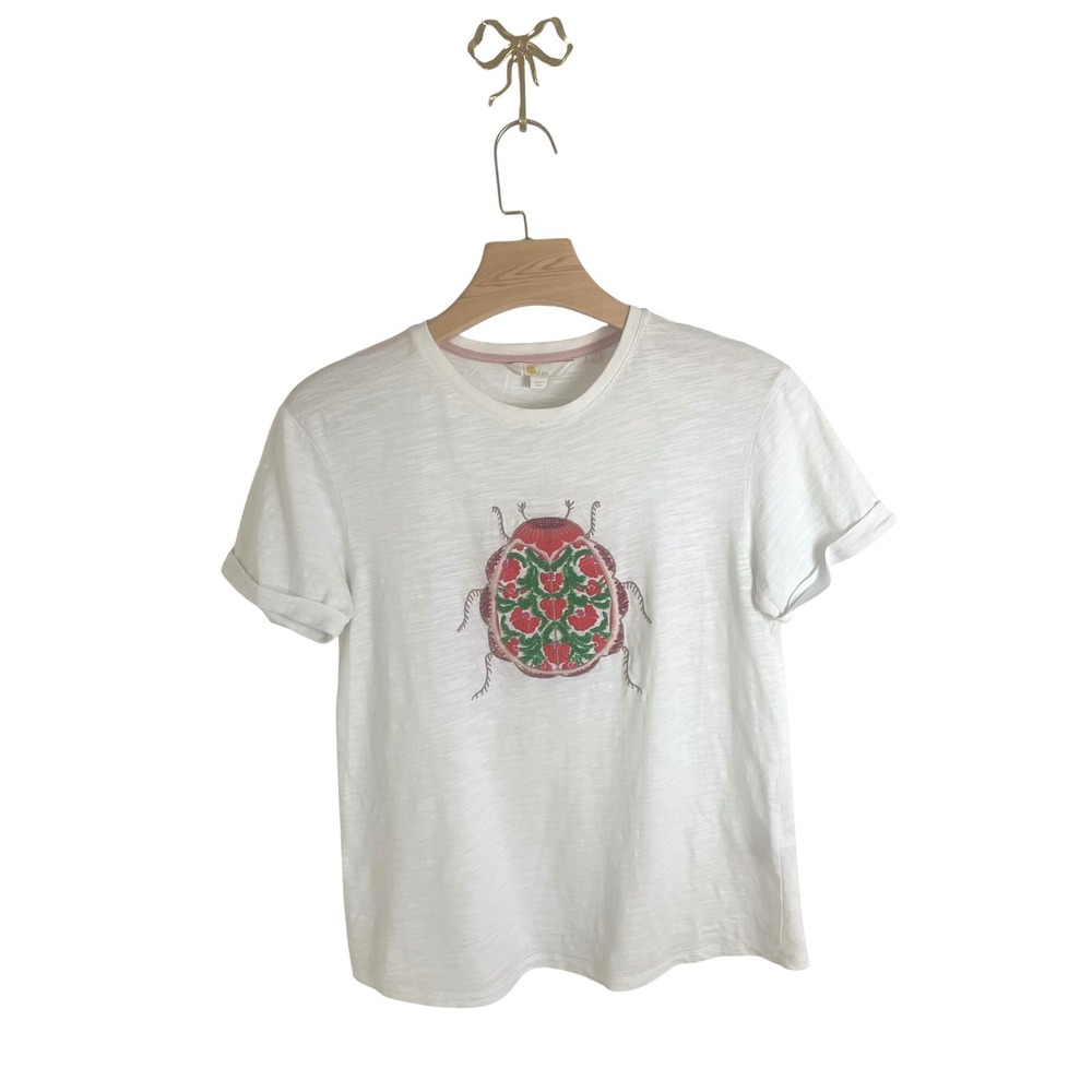 Boden White Slub Cotton Embroidered Beetle Graphic T-Shirt Small